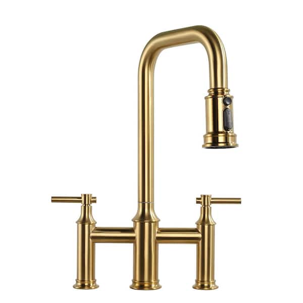 WOWOW Double Handle Bridge Kitchen Faucet with Advanced Spray in Gold