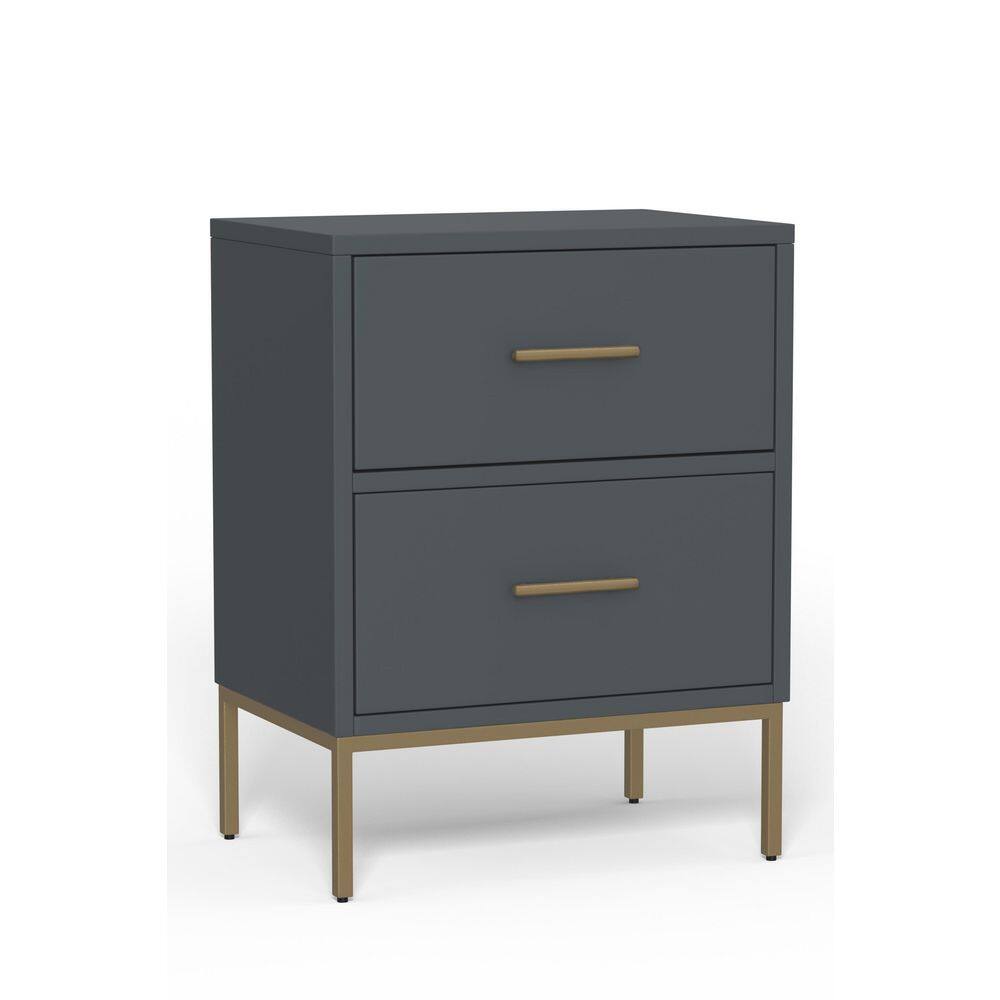 Slate Gray Mahogany 2-Drawer Nightstand with Gold Handles