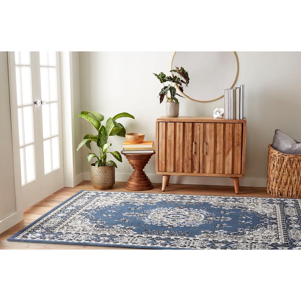 Midnight Blue and Ivory Synthetic Medallion Area Rug
