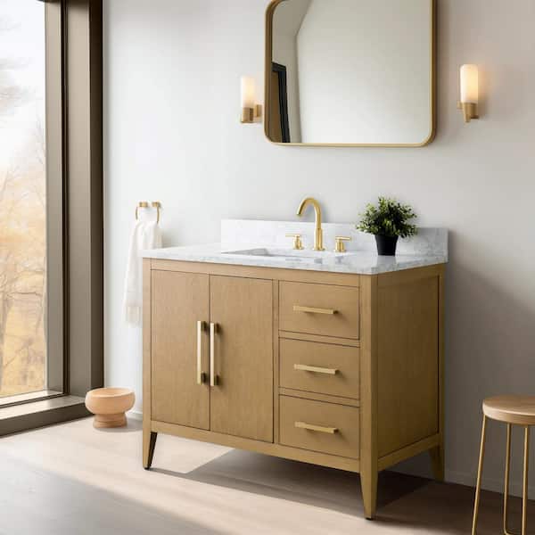 Vanity Art 42 in. W x 22 in. D x 34 in. H Single Sink Bathroom Vanity in Natural Oak with Engineered Marble Top