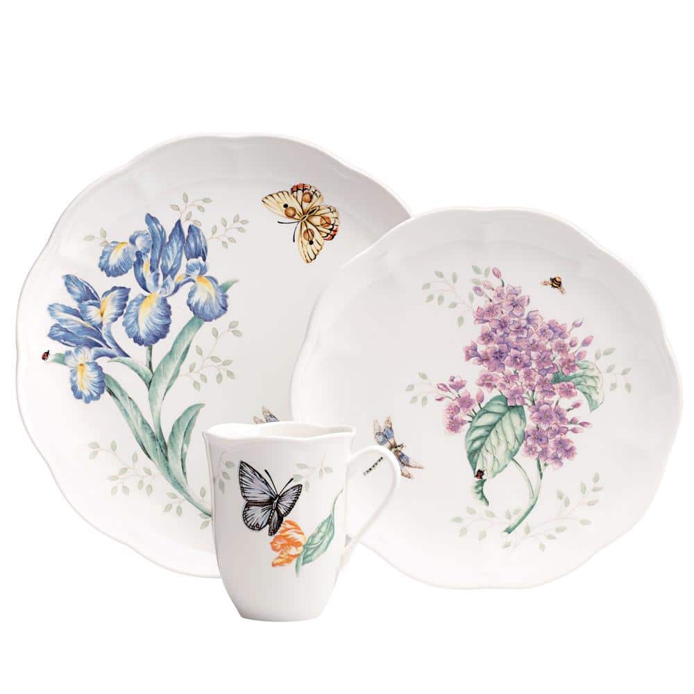 Butterfly Meadow 18-Piece White Porcelain Dinnerware Set with Floral Graphics