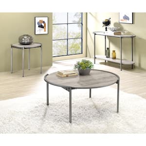 Elosi 48.75 in. 3-Piece Light Gray and Brushed Gun Metal Oval Wood Coffee Table Set