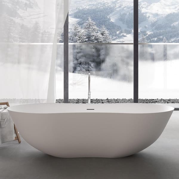 67 in. x 31.5 in. Stone Resin Flatbottom Solid Surface Freestanding Double Slipper Soaking Bathtub in White