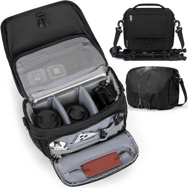 DSLR SLR Mirrorless Camera Bag with Tripod Holder Waterproof Sling Crossbody Case with Rain Cover Black