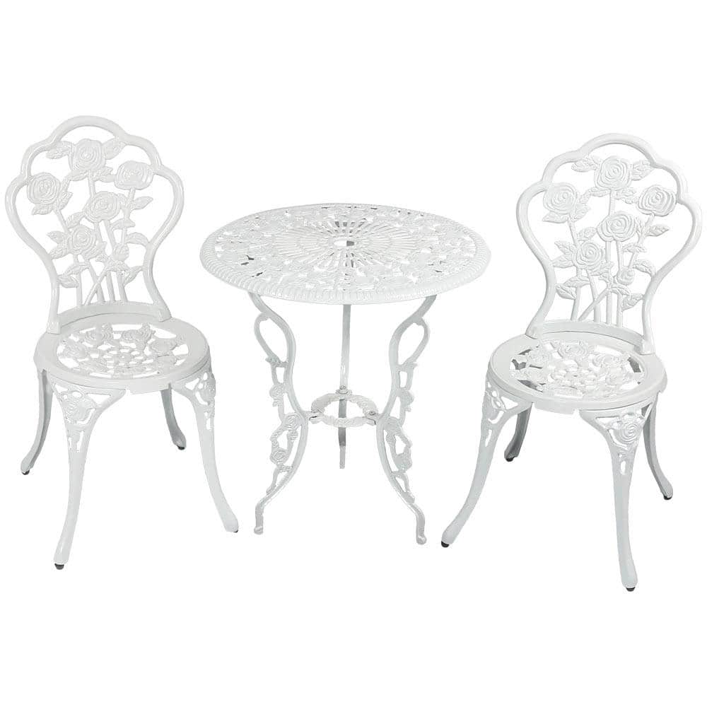 White Cast Aluminum Floral Bistro Set with Iron Legs