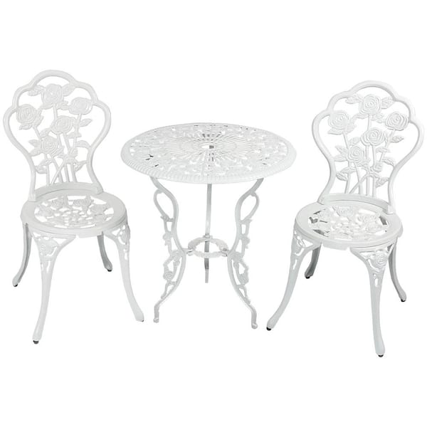 White Flower 3-Piece Cast Aluminum Round Outdoor Bistro Set