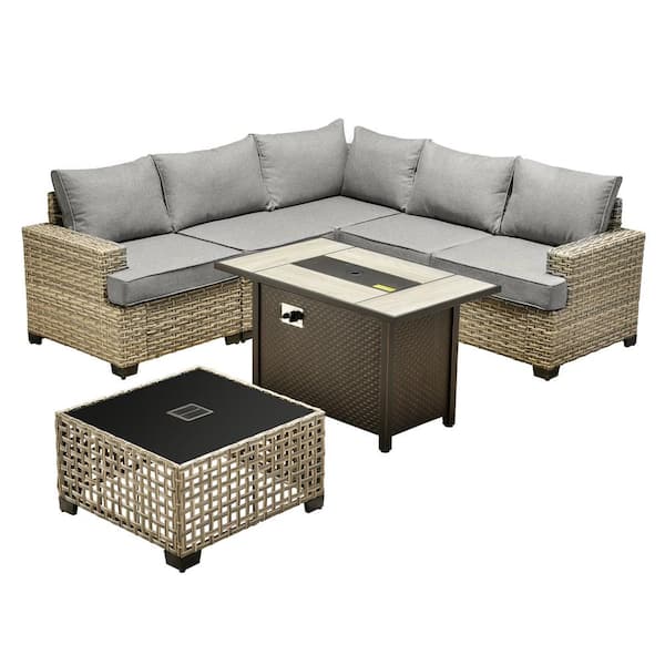 Kelleys 7-Piece Wicker Outdoor Patio Conversation Sofa Sectional Set with a Fire Pit and Dark Grey Cushions