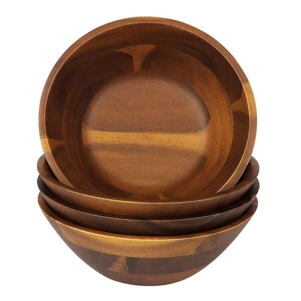 Set of 4 7 in. 4 fl. oz. Brown Acacia Wooden Serving Bowls for Salad, Soup, Noodle and More