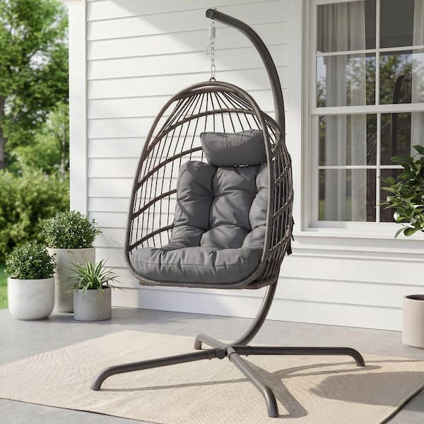 Outdoor Foldable Grey Wicker Egg Porch Swing Chair with Steel Stand and Dark Grey Cushion for Patio