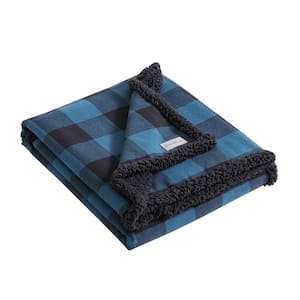 Cabin Plaid Sherpa Reverse Blue Cotton Throw Blanket