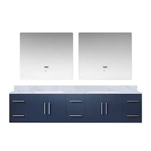 Geneva 84 in. W x 22 in. D Navy Blue Double Bath Vanity, Carrara Marble Top and 36 in. LED Mirrors
