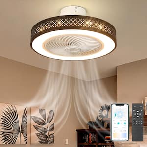 20 in. LED Indoor Black Low Profile Modern Dimmable Caged Flush Mount Ceiling Fan with Light with Remote for Bedroom