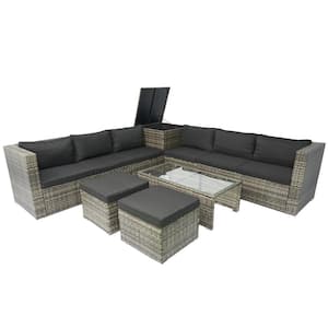 8-Piece Wicker Outdoor Patio Conversation Sectional Sofa Seating Set with Black Cushion, Coffee Table and 1 Storage Box