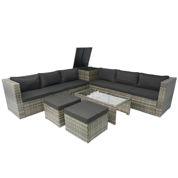 Zeus & Ruta 8-Piece Wicker Outdoor Patio Conversation Sectional Sofa Seating Set with Black Cushion, Coffee Table and 1 Storage Box