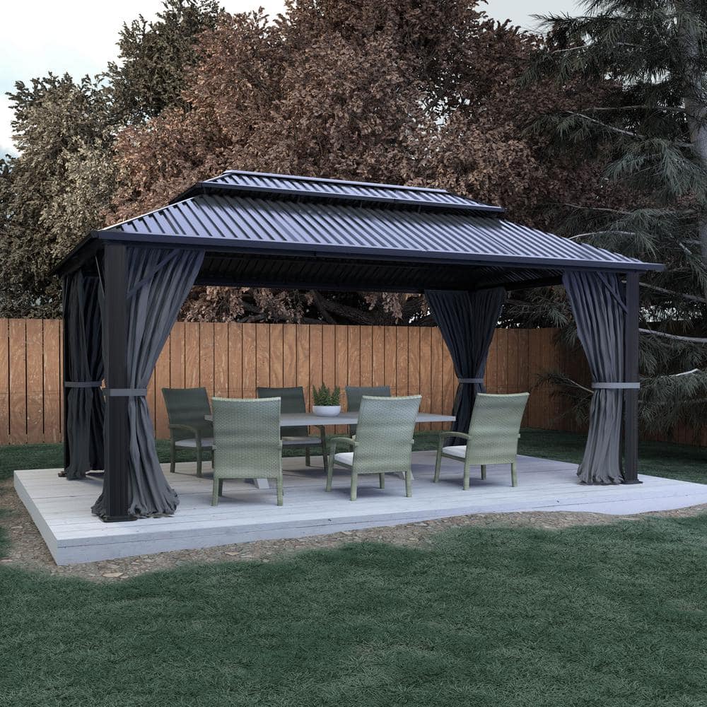 VEIKOUS 16 ft. x 12 ft. Aluminum Double Hardtop Gazebo with Grey ...