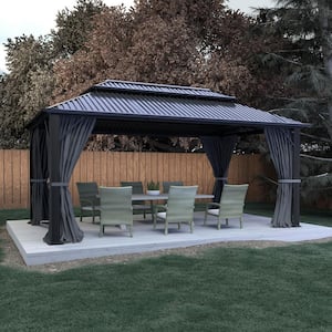 16 ft. x 12 ft. Aluminum Double Hardtop Gazebo with Grey Curtains and Netting