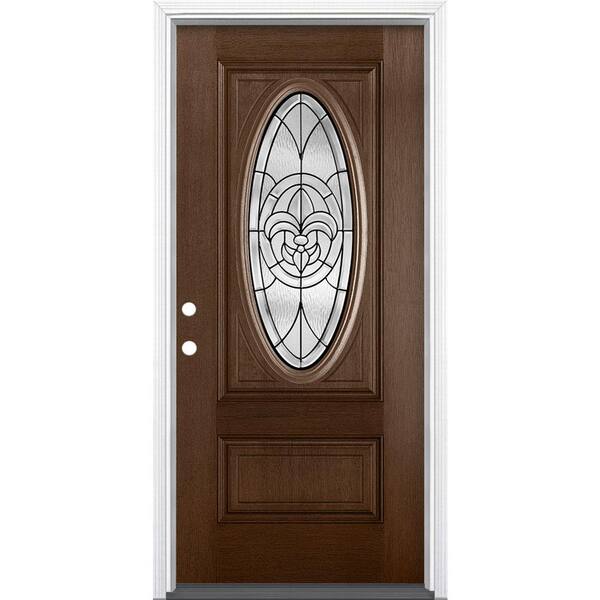 Masonite 36 in. x 80 in. Fleur De Lis 3/4 Oval Caramel Right-Hand Stained Textured Fiberglass Prehung Front Door w/ Brickmold