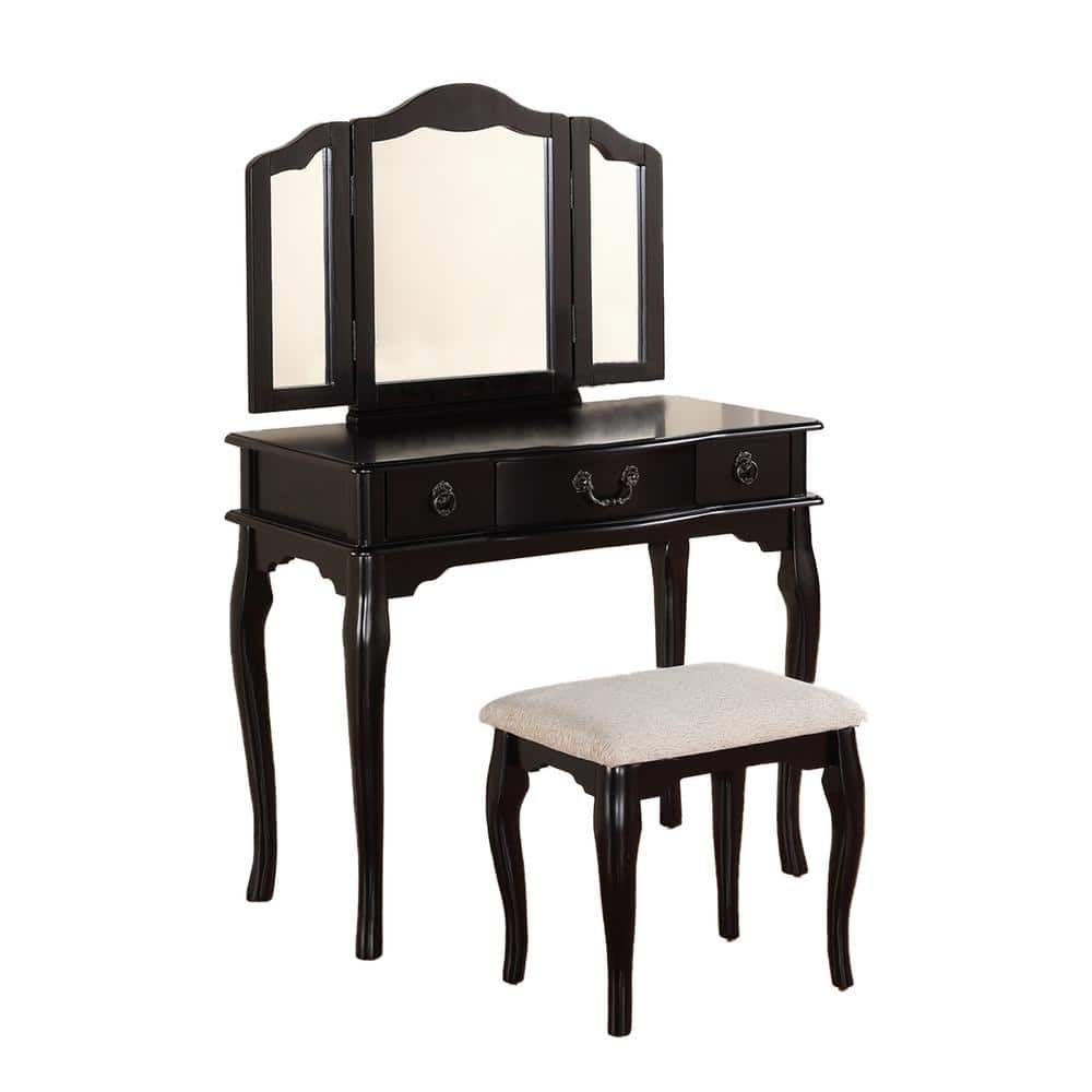 Vintage Classic Style Black Bedroom Vanity Set with Foldable Mirror Stool Drawers 52 in. H x 36 in. W x 18 in. D