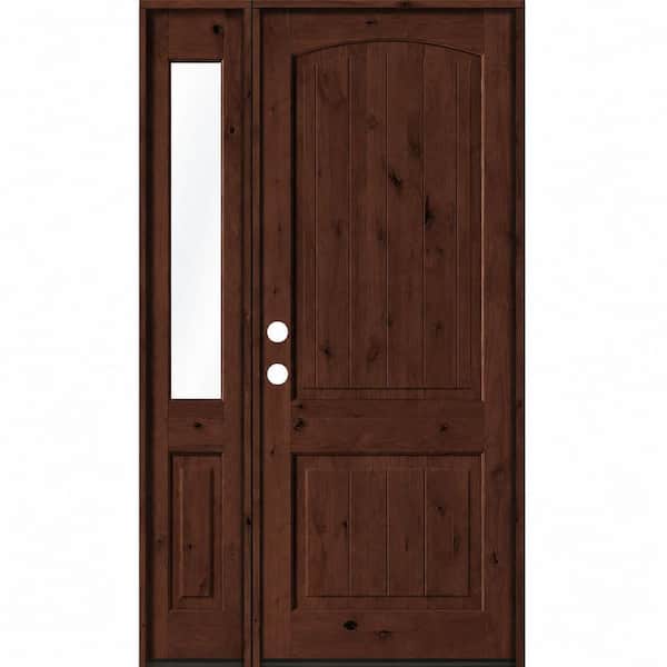 44 in. x 96 in Knotty Alder Arch Top Right-Hand/Inswing Clear Glass BEHR Red Mahogany Stain Wood Prehung Front Door LHSL