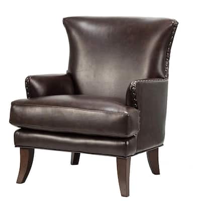 Bonnot Brown Solid and Manufactured Wooden Upholstered Faux Leather Armchair with Nailhead Trim