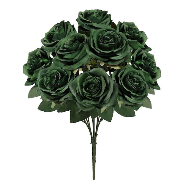 18 in. Deluxe Hunter Green Artificial Queen Rose Flower Stem Bush Bouquet (Set of 2)