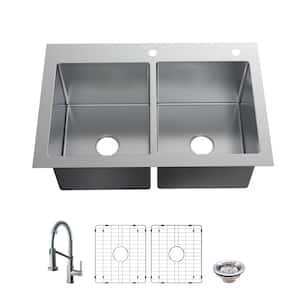 Tight Radius 33 in. Drop-In 50/50 Double Bowl 18 Gauge Stainless Steel Kitchen Sink with Spring Neck Faucet