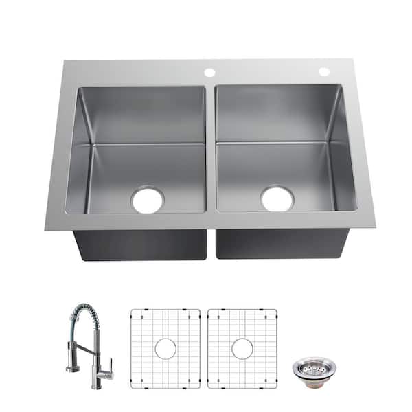Glacier Bay Tight Radius 33 in. Drop-In 50/50 Double Bowl 18 Gauge Stainless Steel Kitchen Sink with Spring Neck Faucet