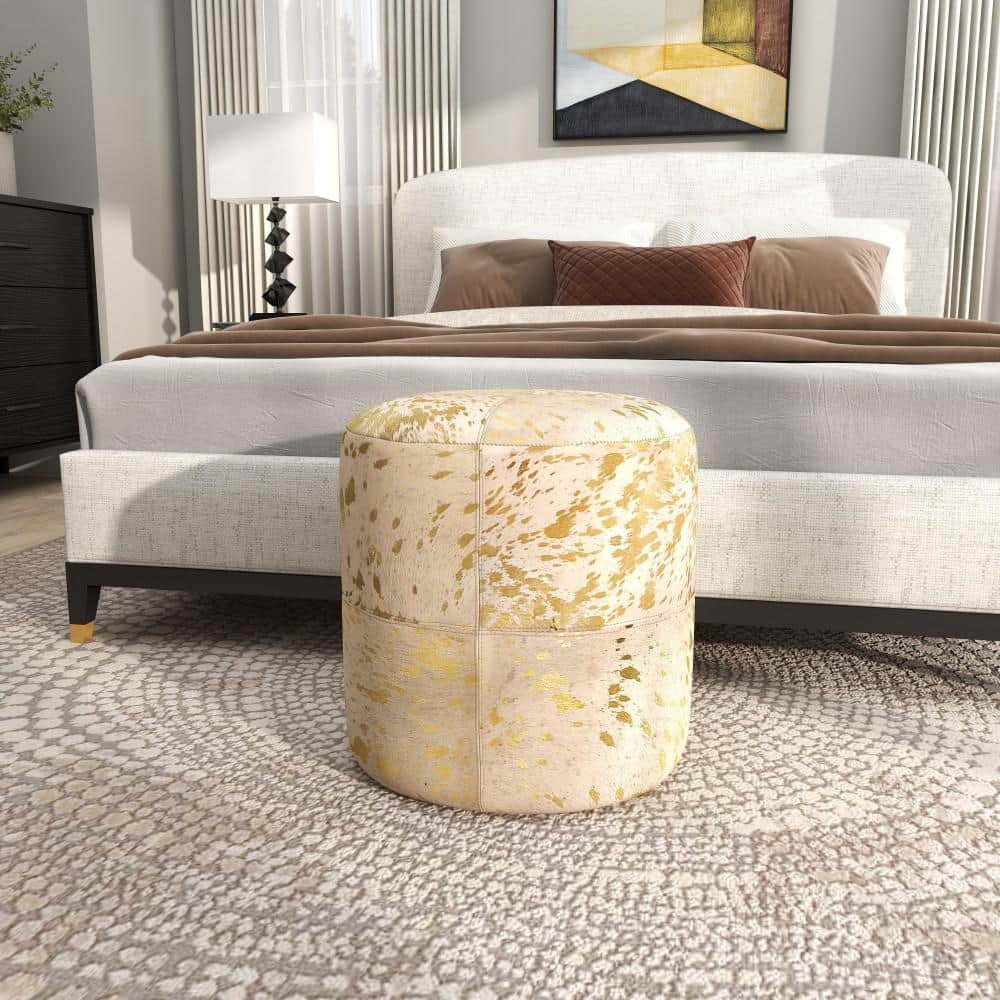 Elegant Gold Leather Round Pouf with Handmade Patchwork Design