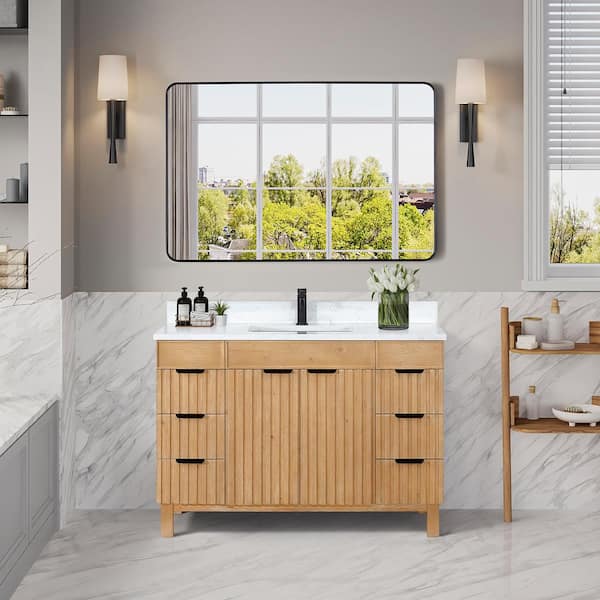 ROSWELL Palos 48 in. W x 22 in. D x 33.9 in. H Single Sink Bath Vanity in Fir Wood Brown with White GRain Stone Top