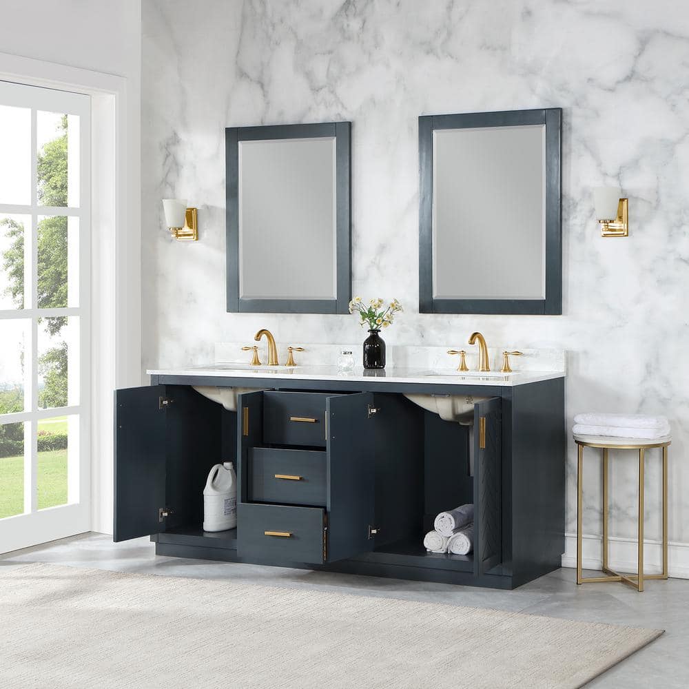 Gazsi 72" Charcoal Blue Double Vanity with White Stone Countertop
