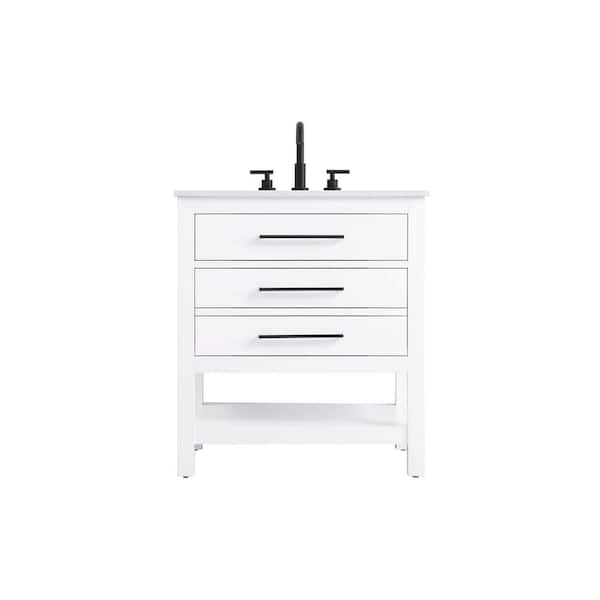30 in. Single Sink White Bath Vanity with White Engineered Marble Top