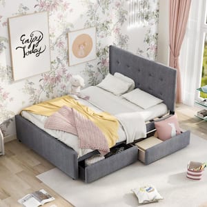 64.2 in. W Gray Queen Linen Wood Frame Platform Bed With Headboard and 2-Drawers