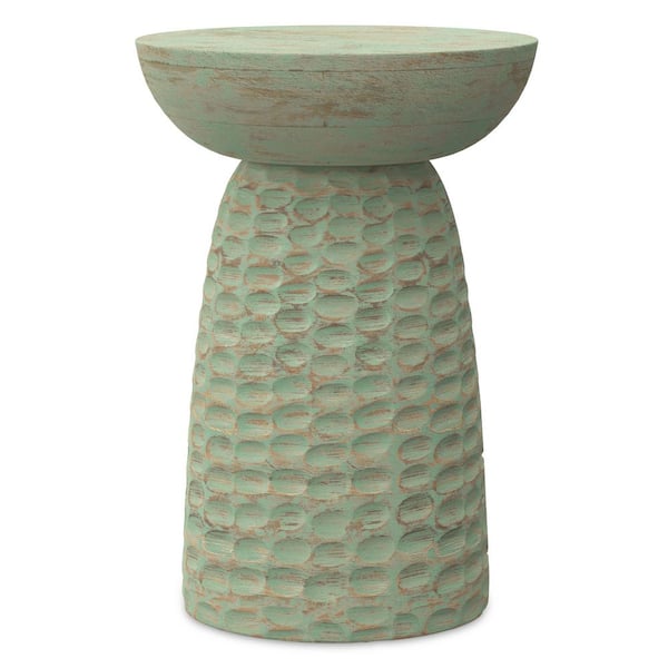Boyd Solid Mango Wood 13 in. Wide Round Contemporary Wooden Accent Table in Green Wash, Fully Assembled