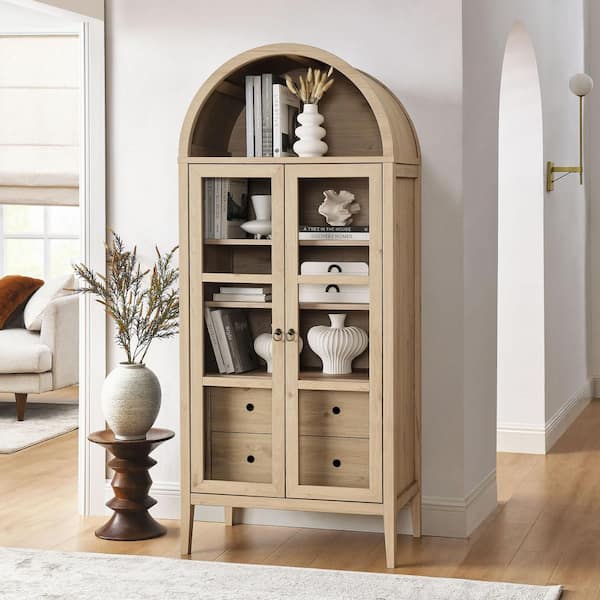 Nolan Light Oak Wood Grain 71 in. Tall Modern Farmhouse Arched Storage Display Cabinet