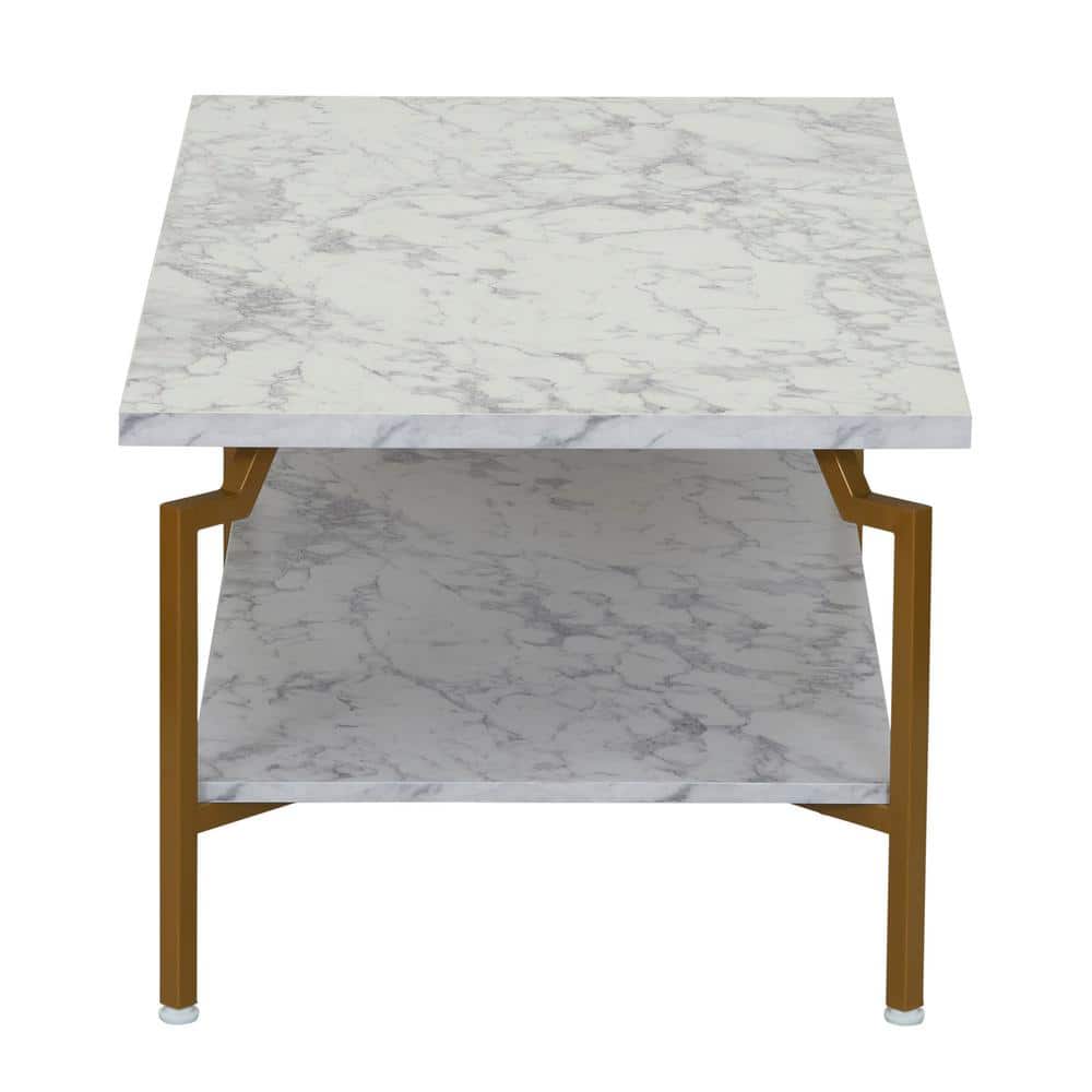 Crown Rectangular White Marble and Gold Metal Coffee Table with Storage Shelf