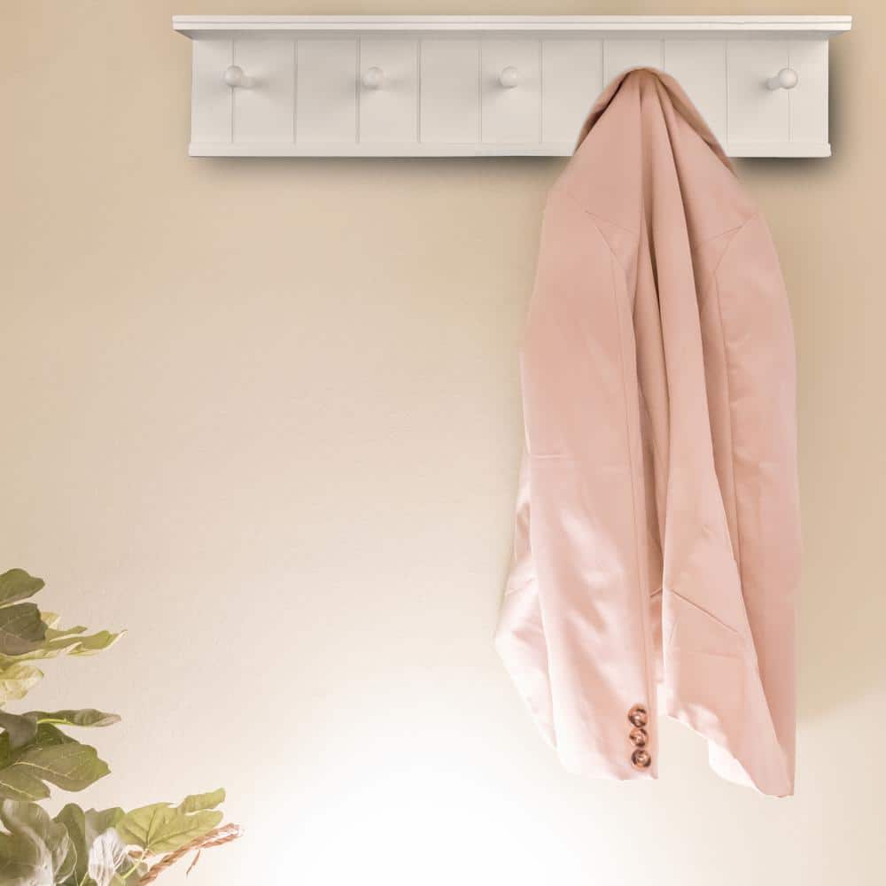 White Wooden Wall Mount Coat Rack with Shelf and 5 Hooks