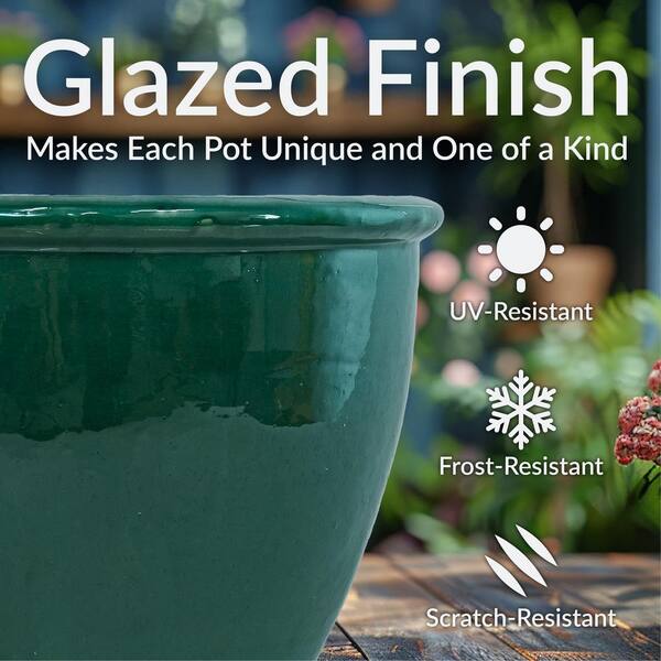 Sunnydaze 14.5 in. Chalet High-Fired Glazed Ceramic Planter-Dark Green