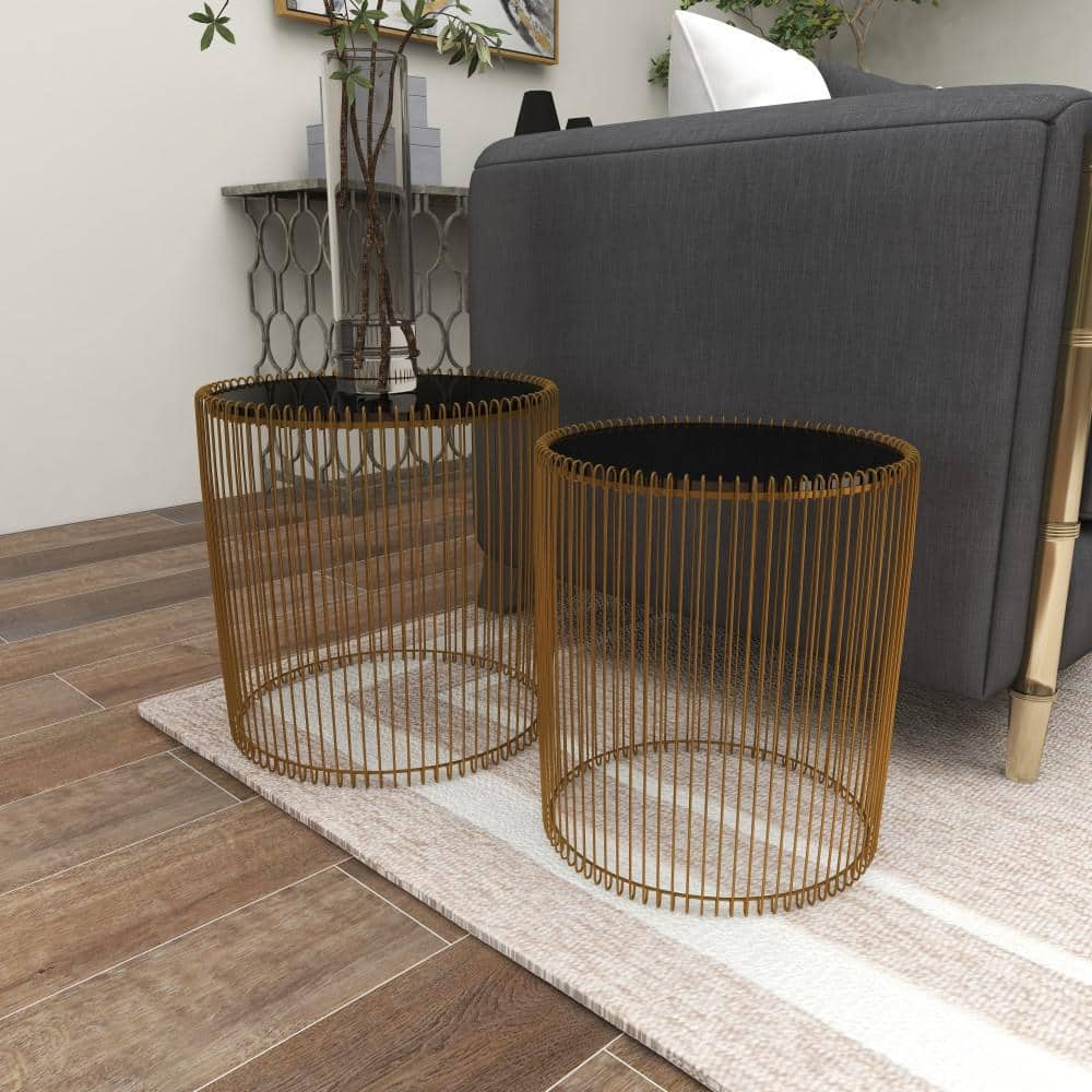 Elegant Gold Metal and Black Glass Round Accent Table Set