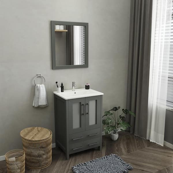 Brescia 24 in. W x 18.1 in. D x 35.8 in. H Single Basin Bathroom Vanity in Grey with Top in White Ceramic and Mirror