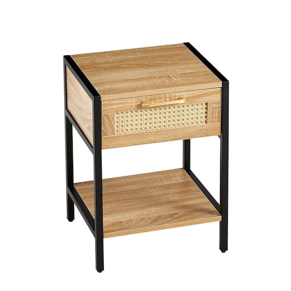 Tileon 15.74 in. Rattan End Table With Drawer, Modern Nightstand, Metal Legs, Side Table for Living Room, Bedroom