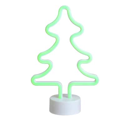 11 in. Battery Operated Neon Style LED Green Christmas Tree Table Light
