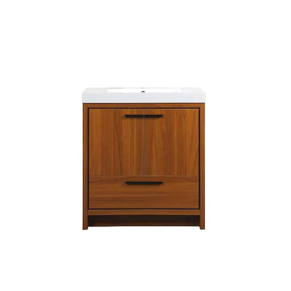 Unbranded Simply Living 30 in. Single Bathroom Vanity in Teak with Resin Vanity Top in White