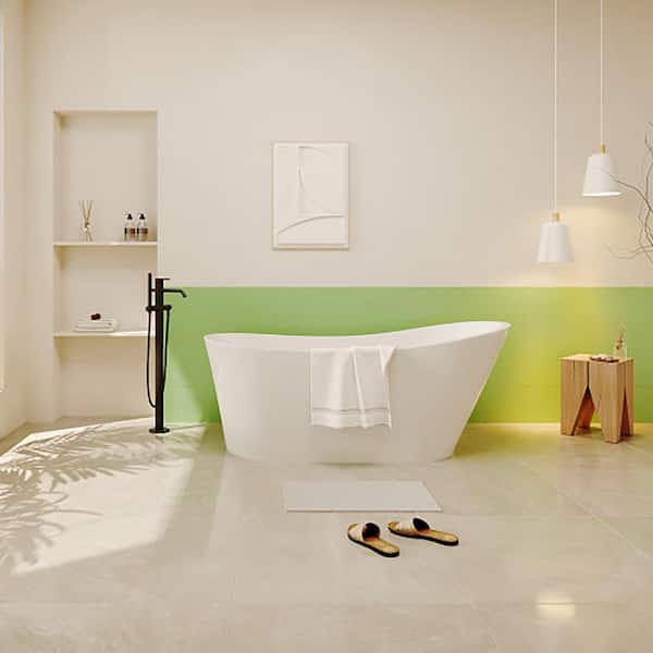 JimsMaison 59 in. x 28 in. Acrylic Single Slipper Flatbottom Freestanding Soaking Bathtub in Glossy White