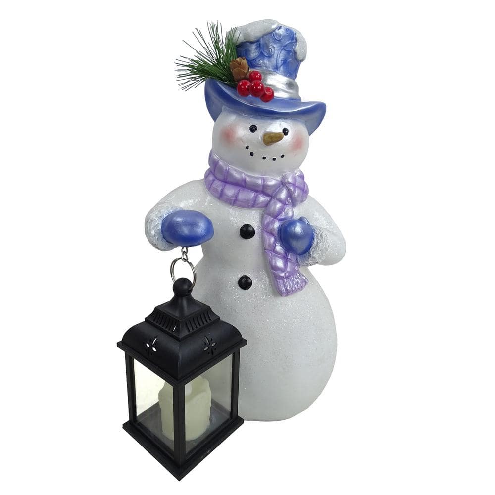 Lavender Winter Snowman Holding Lantern Statue w/Flash LED-SM Christmas Dec