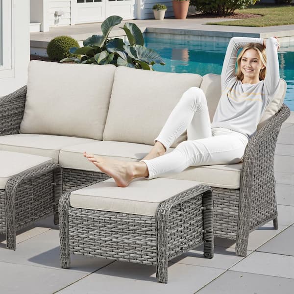NestBarrel Light Gray Wicker Outdoor Ottoman with Beige Cushions and Edge Support Design (2-Pack)