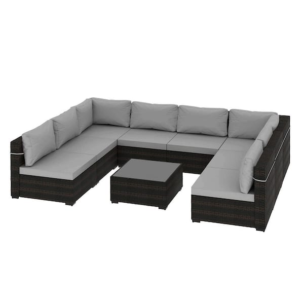 9-Piece Wicker Patio Conversation Sectional Seating Set with Light Gray Cushions