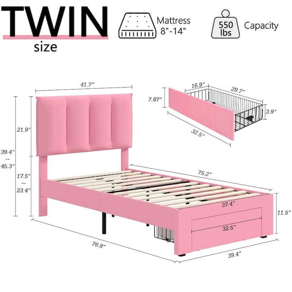 Bed Frame with Storage Drawer, Pink Metal Frame Twin Platform Bedframe with Adjustable Headboard & Wooden Slats Support