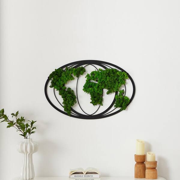 LCEPURE TRADE INC 32 in. x W 21 in. H Oval Metal Framed Moss Wall Decor, World Map with Lush Green Preserved Moss, Nature and Art