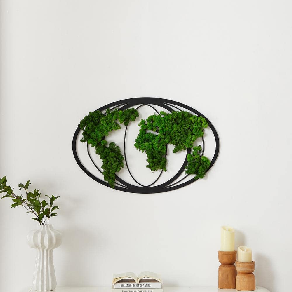 32 in. x W 21 in. H Oval Metal Framed Moss Wall Decor, World Map with Lush 
