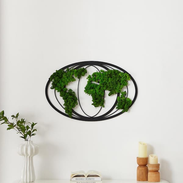 Unbranded 32 in. x W 21 in. H Oval Metal Framed Moss Wall Decor, World Map with Lush Green Preserved Moss, Nature and Art